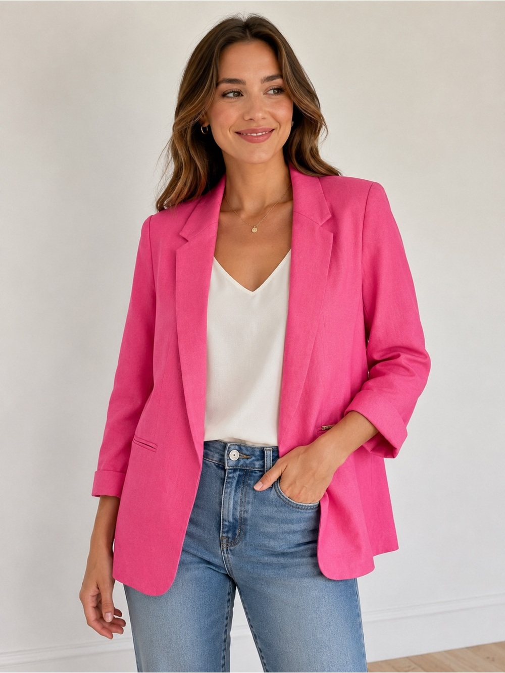 Jones NY New York NWT Hot Pink Linen Blend Open Front Blazer Jacket Size Medium